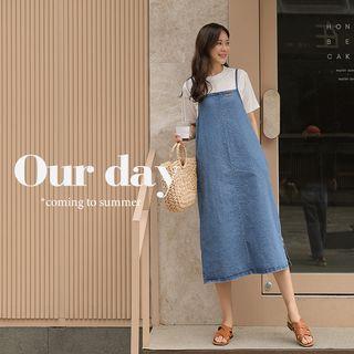 Patched-detail A-line Denim Jumper Dress