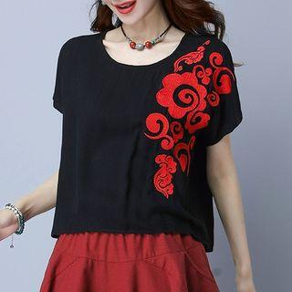 Embroidered Short-sleeve Linen Top