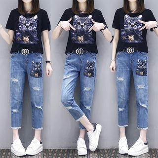 Set: Short-sleeve Cat Print T-shirt + Cropped Jeans