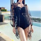 Set: Open Back Swimsuit + Butterfly Embroidered Cover Up