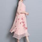 Set: Sleeveless Embroidered Midi Dress + Elbow-sleeve Thin Coat