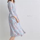 3/4-sleeve Gathered-waist Floral Midi Dress