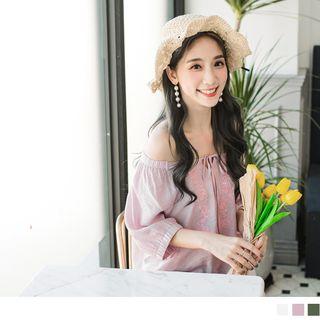 Embroidered Elbow Sleeve Lace Up Top