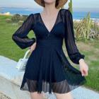 Puff-sleeve Ribbed Swimdress