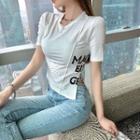 Short-sleeve Lettering Print Slit Dance T-shirt