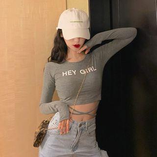 Lettering Long-sleeve Cropped T-shirt Gray - One Size