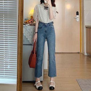 Short-sleeve Lace Blouse / Straight Leg Jeans / Set