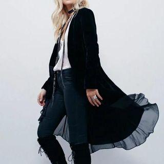 Chiffon Trim Long Velvet Cardigan