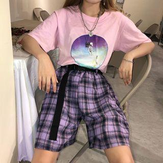 Belted Plaid Wide-leg Shorts