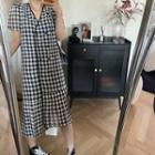 Short-sleeve V-neck Plaid Midi Dress