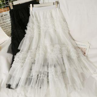 Layered Ruffle-trim Mesh Midi Skirt In 5 Colors