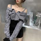 Cold-shoulder Striped Long-sleeve Mini Sheath Dress