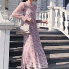 Set: Floral Midi Spaghetti Strap Dress + Mesh Long-sleeve Midi Dress