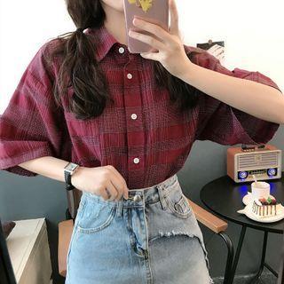 Short-sleeve Plaid Shirt Wine Red - One Size