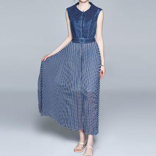 Denim Panel Dotted Maxi A-line Dress
