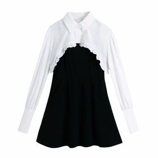 Set: Long-sleeve Frill Trim Crop Top + Spaghetti Strap A-line Dress