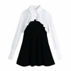 Set: Long-sleeve Frill Trim Crop Top + Spaghetti Strap A-line Dress