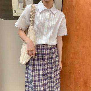 Short-sleeved Blouse + Checked A-line Skirt
