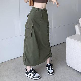 High Waist Plain Drawstring Cargo Midi A-line Skirt