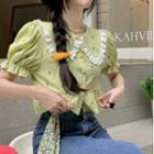 Puff-sleeve Peter Pan Collar Floral Cropped Shirt Green - One Size