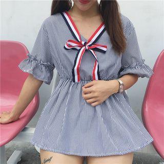 Striped Applique Elbow Sleeve Top