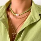 Set Of 3: Angel Pendant Necklace / Chain / Beaded Becklace Set Of 3 - Green & Gold & Gold - One Size
