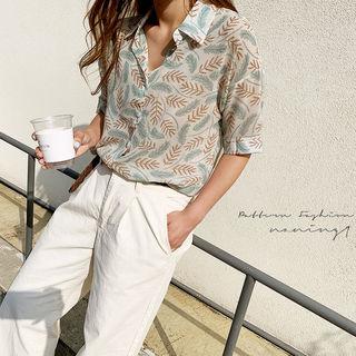 Short-sleeve Foliage Tencel Shirt Mint Green - One Size