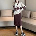 Set: Argyle V-neck Sweater + Midi Knit Skirt
