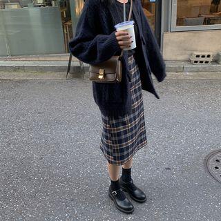 Plaid Slit Straight-fit Midi Skirt