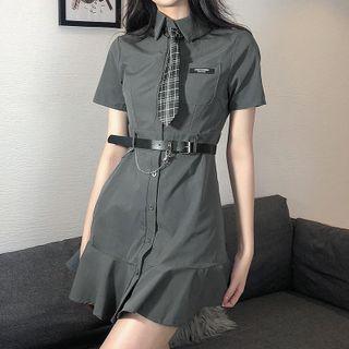 Short-sleeve Ruffle Hem Mini A-line Shirtdress