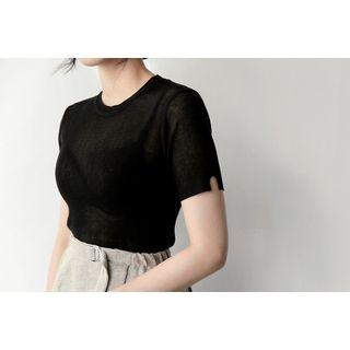 Crew-neck Slit-cuff Knit Top