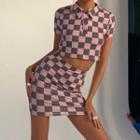 Set: Short-sleeve Checkered Collared Crop Top + Mini Pencil Skirt