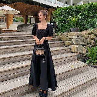 Puff-sleeve Cutout-back Maxi A-line Dress