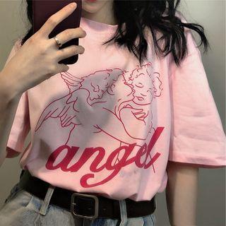 Elbow-sleeve Angel Printed T-shirt