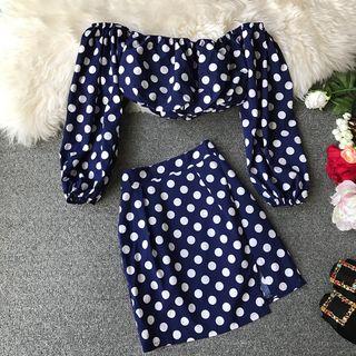 Set: Off-shoulder Dotted Lantern-sleeve Cropped Top + Dotted Mini A-line Skirt