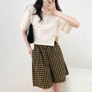 Plain Pocket Drawstring Split Top / High-waist Plaid Straight-cut Shorts