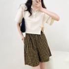 Plain Pocket Drawstring Split Top / High-waist Plaid Straight-cut Shorts