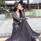 Long-sleeve Pleated A-line Maxi Knit Dress