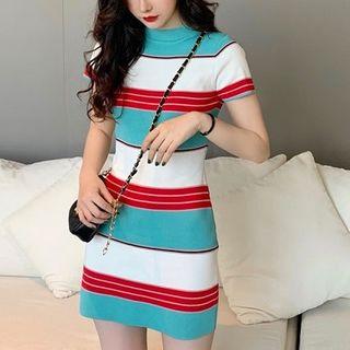 Striped Short-sleeve Mini Sheath Dress Blue - One Size
