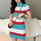 Striped Short-sleeve Mini Sheath Dress Blue - One Size