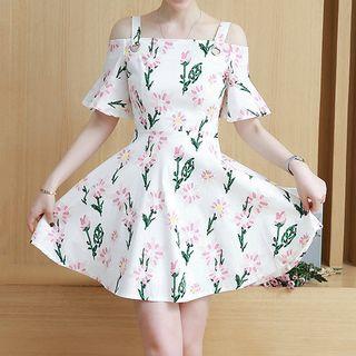 Open Shoulder Floral Print Short-sleeve Dress
