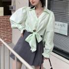 Long-sleeve Open Collar Tie-front Blouse Green - One Size