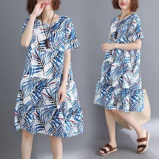 Short-sleeve Leaf Print Tiered Dress