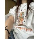 Elbow-sleeve Tiger Print T-shirt White - One Size