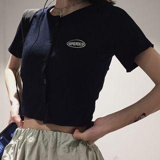 Short-sleeve Lettering Embroidered Button-up Cropped Knit Top