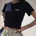 Short-sleeve Lettering Embroidered Button-up Cropped Knit Top