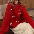Long-sleeve Cropped Flower Pearl Knit Sweater Red - One Size