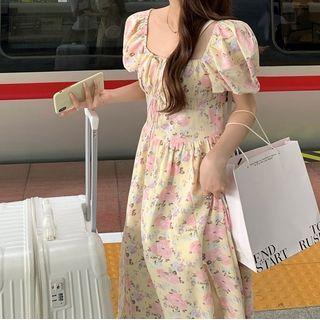 Puff-sleeve Floral Printed Slit Dress Floral - One Size