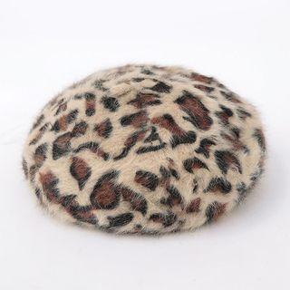 Leopard Print Knit Beret Light Beige - One Size