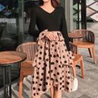 Mock Two-piece Long-sleeve Doted Panel Dress